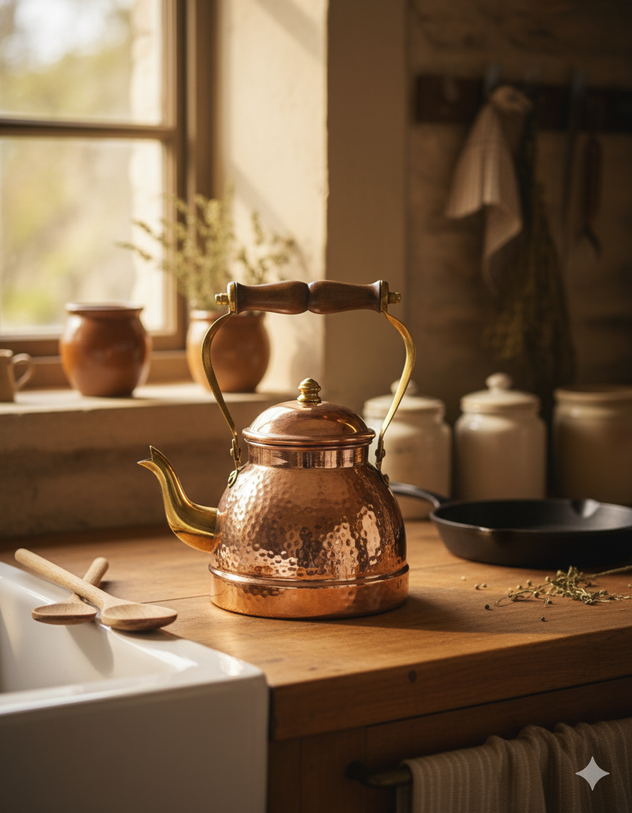 Copper Kettle - Hammered Finish with Brass Spout & Wooden Handle Copper product view 2 - Viviana London artisan collection